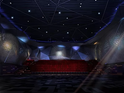 Modern Cinema Interior With Red Comfortable Seats And Geometric Ceiling Design 3d model