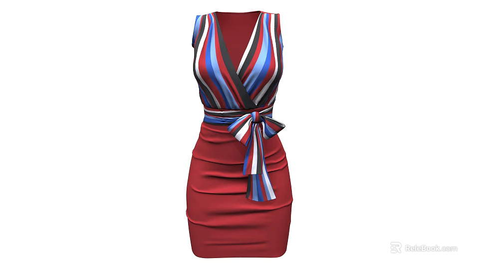 Stylish Striped Red Blue White Sleeveless Dress with Waist Bowknot and Fitted Design 3d model 