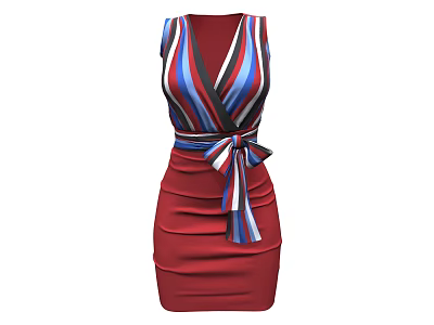 Stylish Striped Red Blue White Sleeveless Dress with Waist Bowknot and Fitted Design 3d model