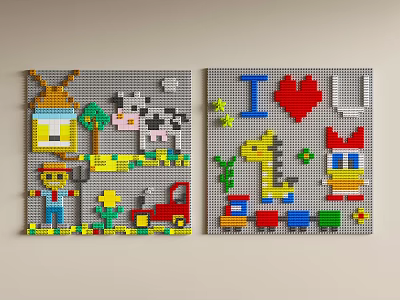 Colorful Building Blocks Art With Farm Cartoon And Heart Elements 3d model