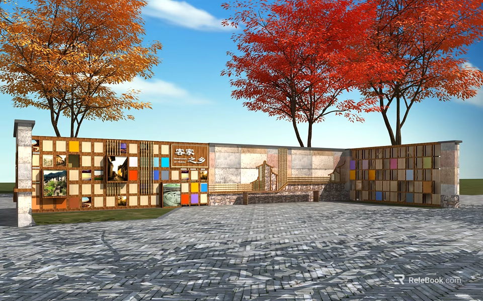 Outdoor Scenic Wall Design With Colorful Squares Red Yellow Trees And Stone Pavement 3d model 