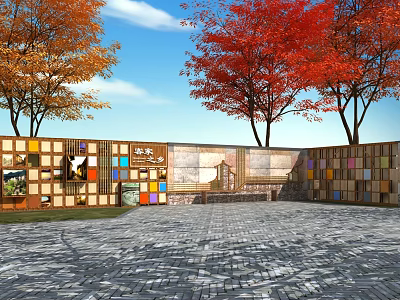 Outdoor Scenic Wall Design With Colorful Squares Red Yellow Trees And Stone Pavement 3d model