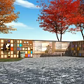 Outdoor Scenic Wall Design With Colorful Squares Red Yellow Trees And Stone Pavement