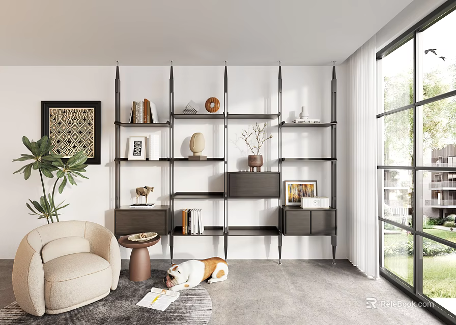 Modern Shelf Unit With Decorative Items Books And Photo Frames In Bright Living Room 3d model 