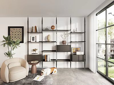 Modern Shelf Unit With Decorative Items Books And Photo Frames In Bright Living Room 3d model