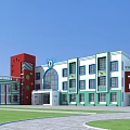 School Building With Red White Green Facade Multiple Windows Circular Section CC Logo Front Lawn 3d model