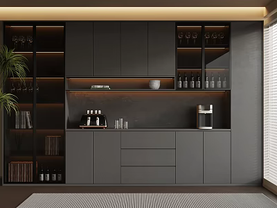 Modern Kitchen Interior With Black Cabinets Wine Racks Coffee Machine And Plants 3d model