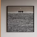 Abstract Painting Featuring Black White Grid Pattern Three Tree Like Figures And Moon Like Circle 3d model