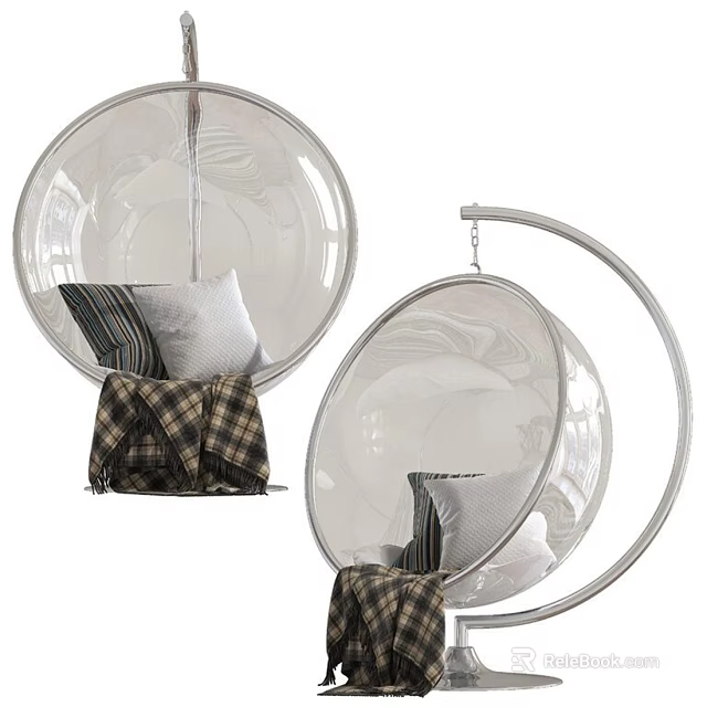 Modern Transparent Globe Hanging Chair with Plush Pillows and Plaid Blanket for Relaxation 3d model 