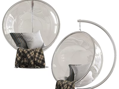 Modern Transparent Globe Hanging Chair with Plush Pillows and Plaid Blanket for Relaxation 3d model