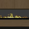 Modern Fireplace With Burning Fire Flames And Wooden Cabinets In Interior Design