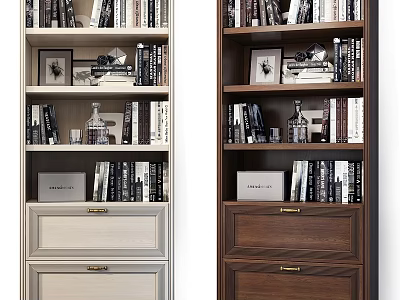Light And Dark Colored Storage Cabinets With Shelves Books Photo Frames And Drawers 3d model