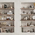 Neutral Tone Decorative Ornaments Arrangement On Minimalist Wall Shelves With Vases Sculptures And Books