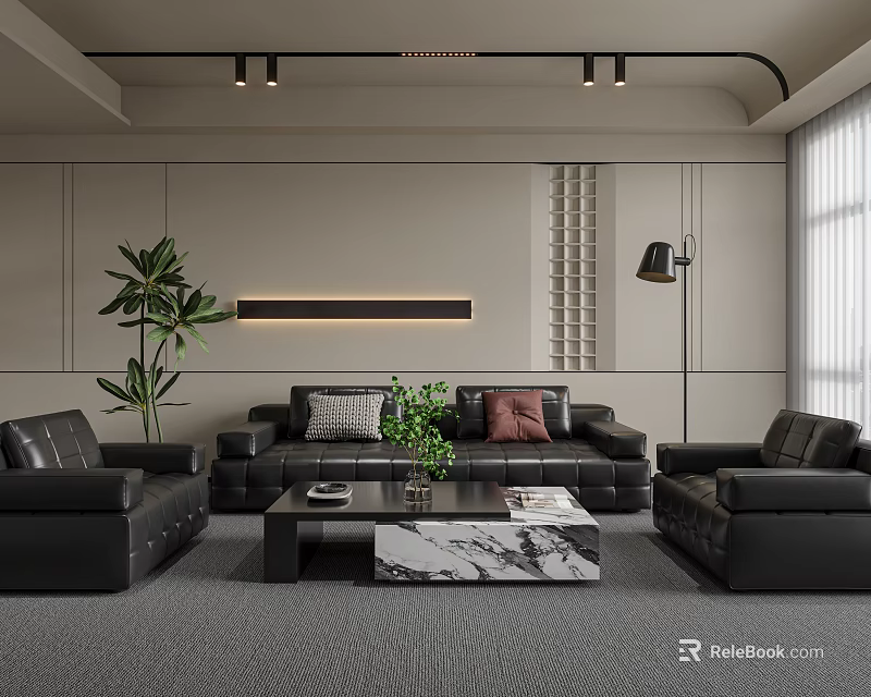 Modern Black Leather Sofa With Marble Top Coffee Table Set And Green Plant Decorative Pillows 3d model 