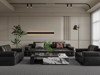 Modern Black Leather Sofa With Marble Top Coffee Table Set And Green Plant Decorative Pillows 3d model