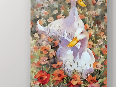 Watercolor Landscape Painting With Two White Ducks And Vibrant Red Pink Flowers 3d model