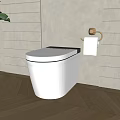 Modern White Toilet in Bathroom with Wooden Floor Light Tile Wall and Golden Hardware