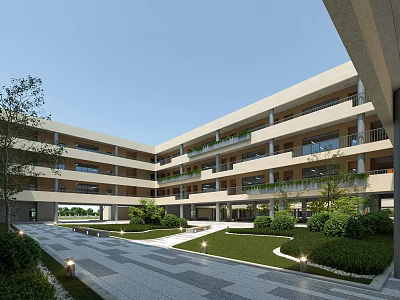 Modern School Building Design With Multi Story Structure Open Courtyard And Lush Greenery 3d model