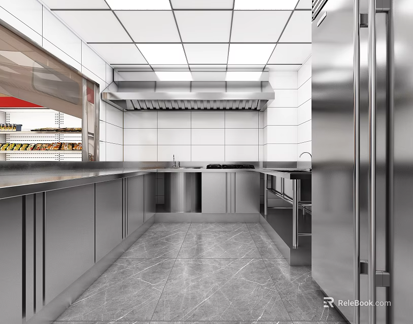 Commercial Kitchen Design With Stainless Steel Countertops Range Hood And Tiled Floor 3d model 