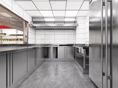 Commercial Kitchen Design With Stainless Steel Countertops Range Hood And Tiled Floor 3d model