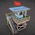 Wooden Watchtower With Red Flag Open Platform Wooden Staircase And Yellow Railing