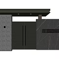 Modern Entrance Gate With Slatted Black Doors Gray Marble Wall And Canopy