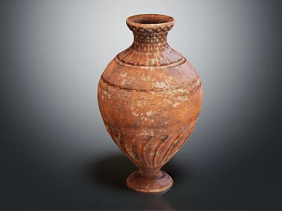 Green Plants In Brown Textured Ceramic Vase With Base And Gray Background 3d model