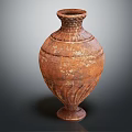 Green Plants In Brown Textured Ceramic Vase With Base And Gray Background
