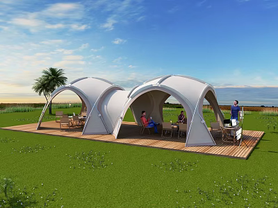Garden Landscape With White Arched Tents Wooden Platform Green Lawn Blue Sky And People Relaxing 3d model