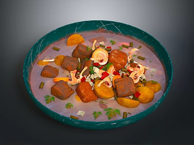 Creamy Pink Soup in Green Bowl with Meat Potato Chunks Fresh Vegetables and Herbs 3d model