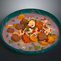 Creamy Pink Soup in Green Bowl with Meat Potato Chunks Fresh Vegetables and Herbs