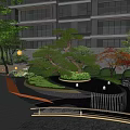 Residential Landscape Courtyard With High Rise Building Pine Tree Water Feature And Stone Bridge