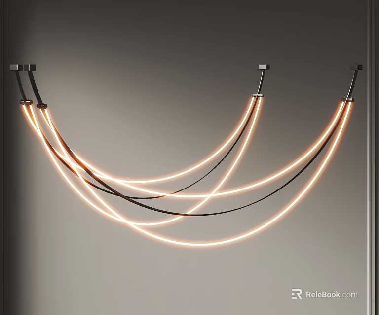 Modern Minimalist Chandelier with Curved Illuminated Tubes and Black Frame Mounted on Gray Wall 3d model 