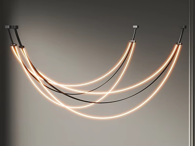 Modern Minimalist Chandelier with Curved Illuminated Tubes and Black Frame Mounted on Gray Wall 3d model