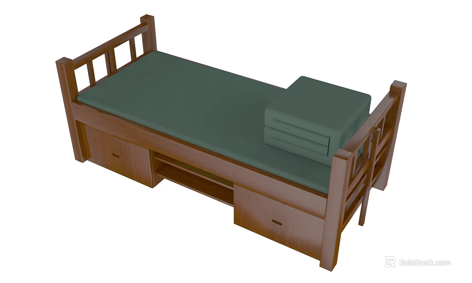 Wooden Single Bed with Green Mattress Drawers and Stacked Mattress Pad 3d model 