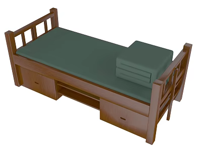 Wooden Single Bed with Green Mattress Drawers and Stacked Mattress Pad 3d model