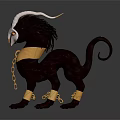 Fantasy Mythical Creature with White Horns Yellow Eyes Dark Body and Golden Collar Anklets Design