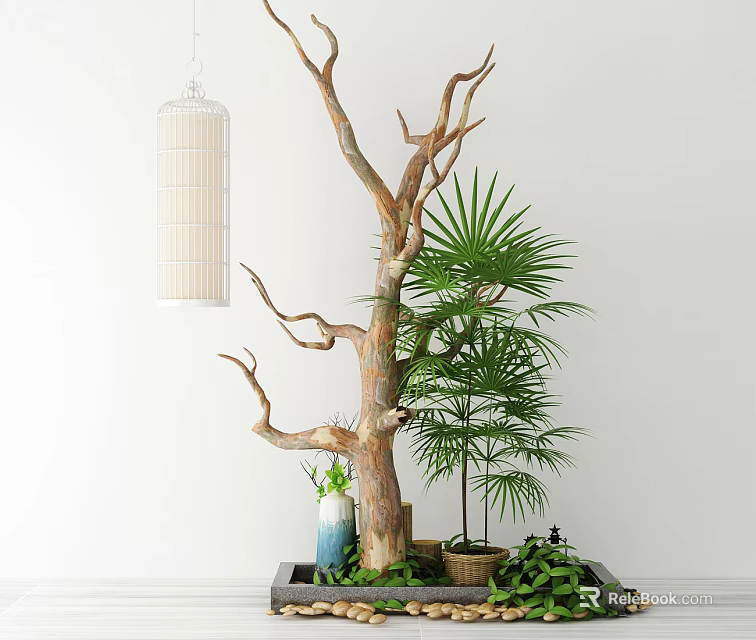 Creative Garden Decor with Withered Branch Green Plants Hanging Lantern and Square Base 3d model
