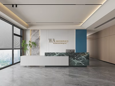 Modern Front Desk Reception Interior Design With Marble Countertop Potted Plant And Large Windows 3d model