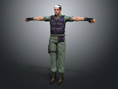 3D Military Character Model In Green Uniform With Bulletproof Vest And White Headband 3d model