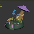 Playful 3D Scene With Green Base Pink Mushroom Yellow Stem Blue Trees And Colorful Bridge