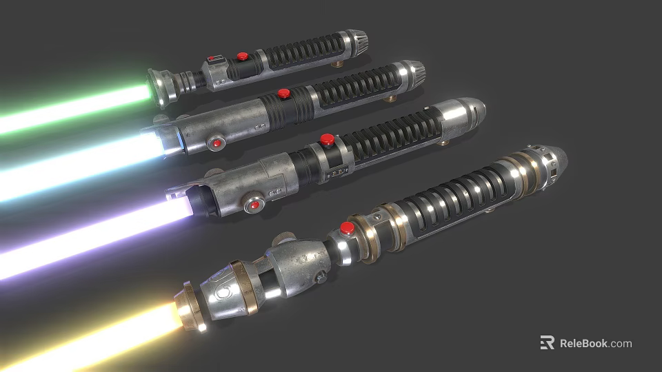 Lightsaber Weapon Design With Multiple Colored Blades Metallic Hilts And Red Activation Buttons 3d model 