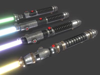Lightsaber Weapon Design With Multiple Colored Blades Metallic Hilts And Red Activation Buttons 3d model