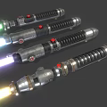 Lightsaber Weapon Design With Multiple Colored Blades Metallic Hilts And Red Activation Buttons