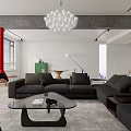 Modern Living Dining Room Interior With Dark Sofa Chandelier TV Wall And Decorative Items
