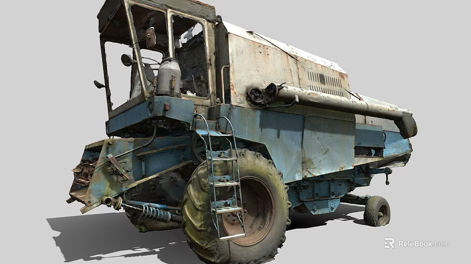 Old Blue Combine Harvester Function Vehicle with Large Tires Ladder and Rusty Body Structure 3d model 