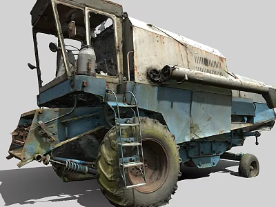 Old Blue Combine Harvester Function Vehicle with Large Tires Ladder and Rusty Body Structure 3d model