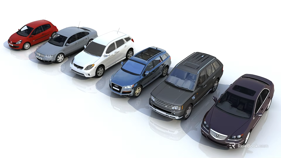 Various Colored Cars With Different Models Including Sedans And SUVs Arranged In A Row 3d model 