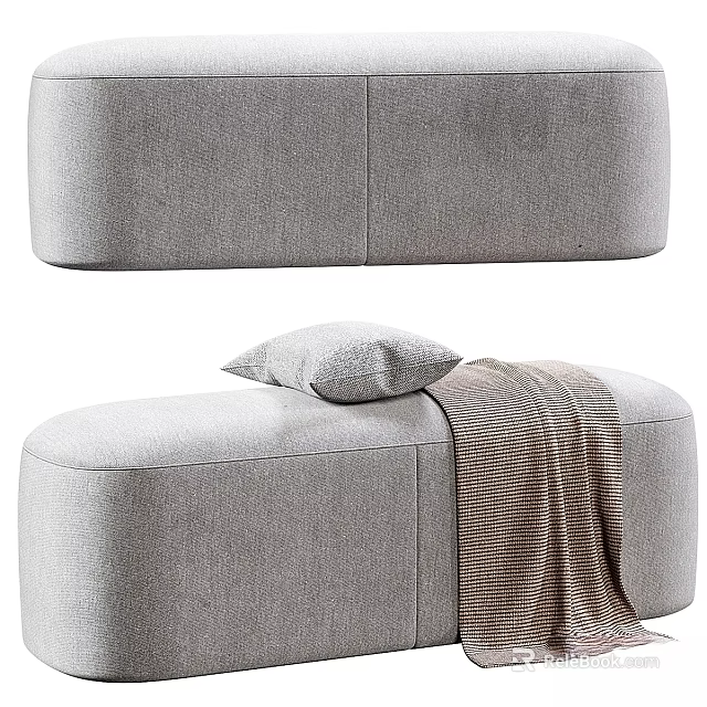 Gray Fabric Ottoman with Soft Pillow and Cozy Throw Blanket for Modern Living Room Decor 3d model 