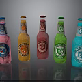 Colorful Glass Bottles Display With Pink Orange Red Green Blue Labels And Logos
